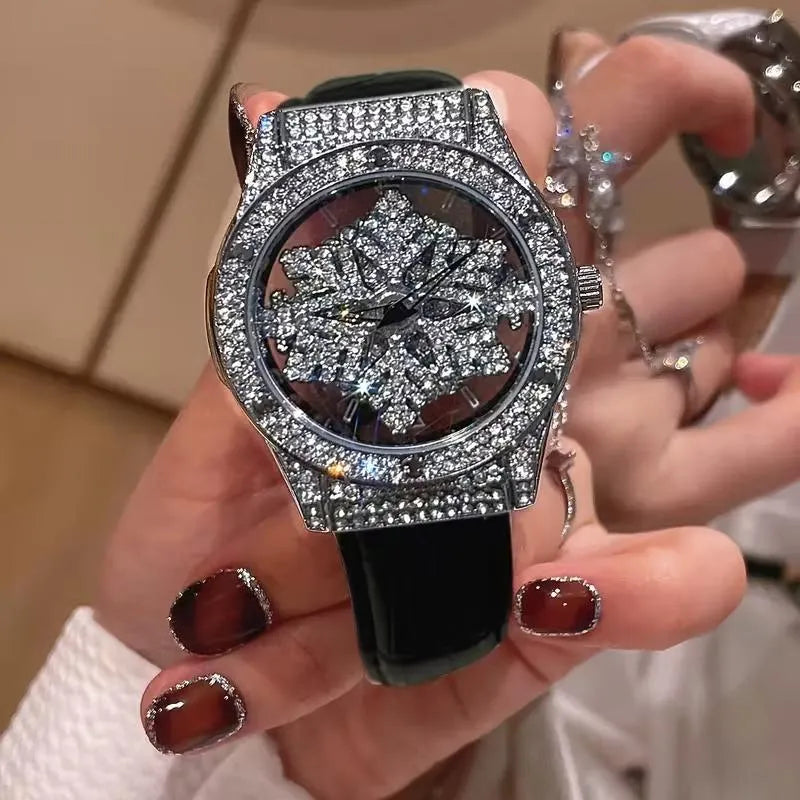 Fully Diamond Crystal Snowflake Watch – Black Version