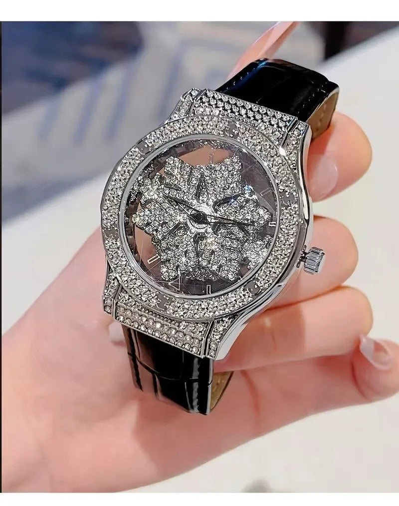 Fully Diamond Crystal Snowflake Watch – Black Version
